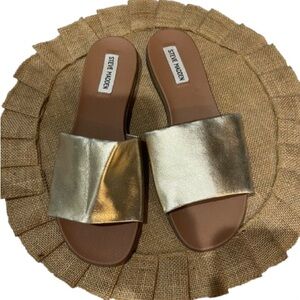 Steve Madden Metallic Gold Leather Slide Sandals Sz 8.5 Spring Summer Ssndals